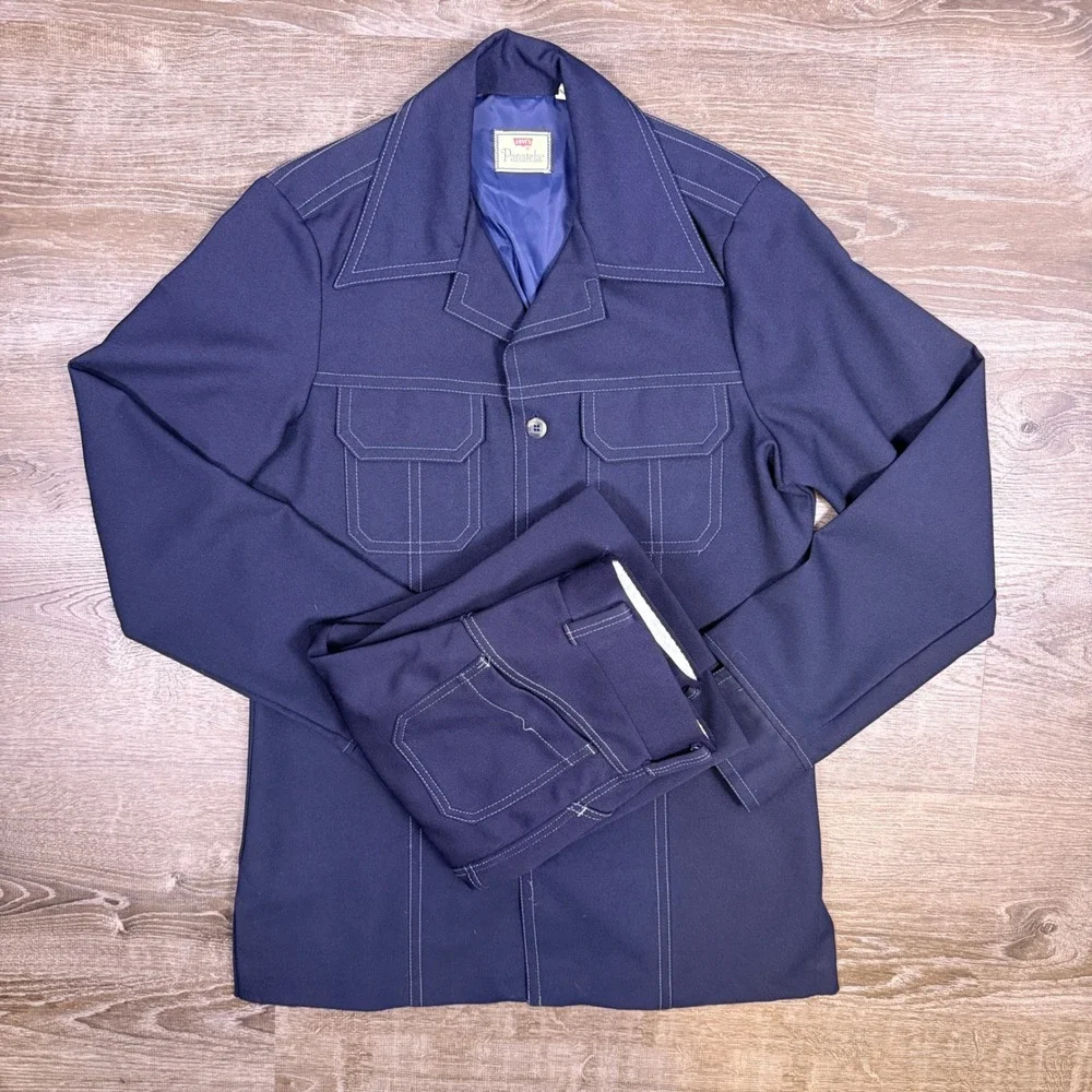 VTG 70s Levis Panatela Leisure Suit Mens L Tall Blue Disco Rockabilly Western